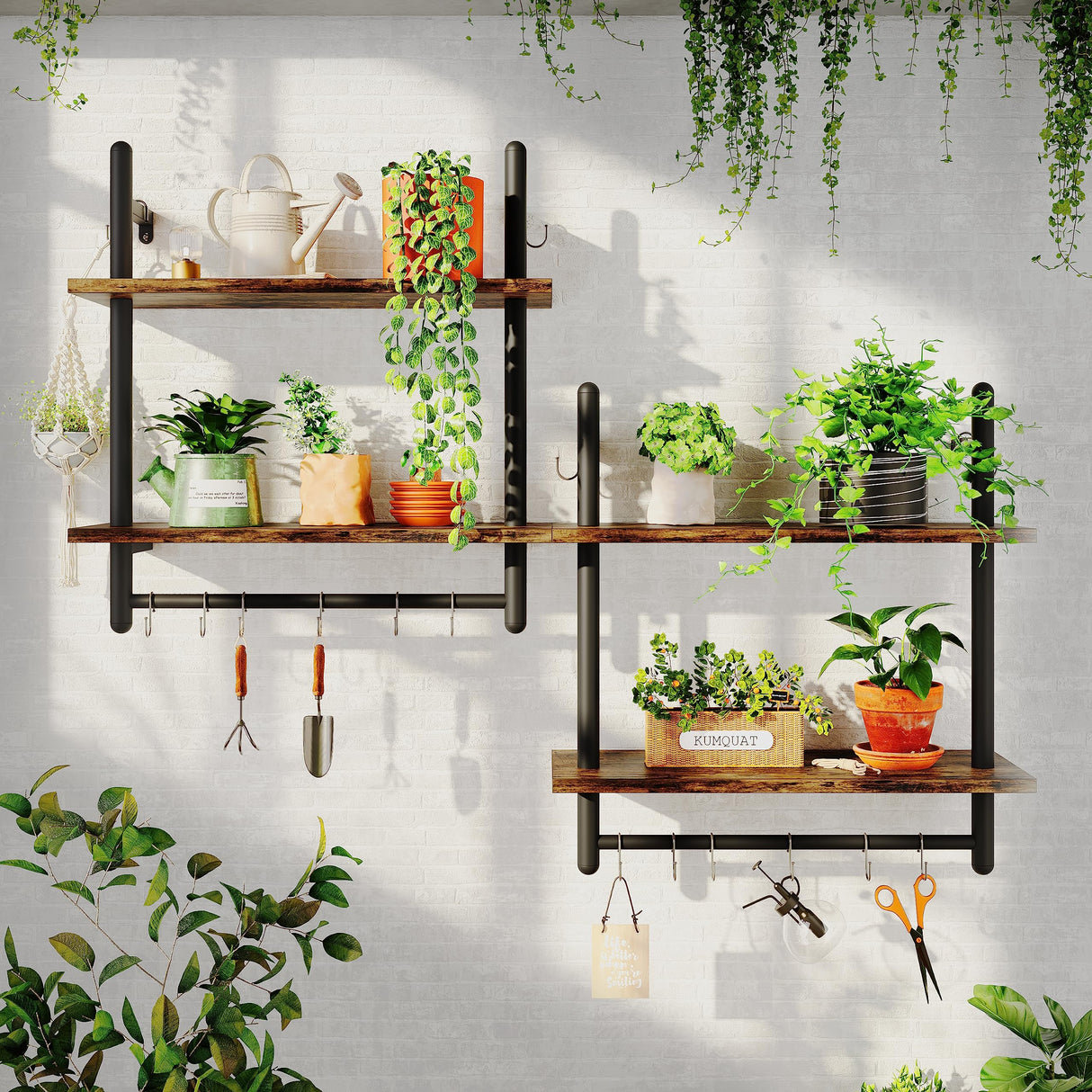 Floating Pipe Shelving Kitchen Shelves 3 Tier & 2 Tier Bundle, Rustic Brown
