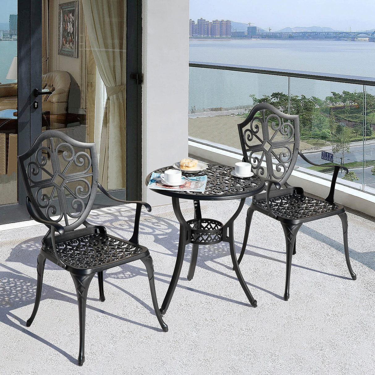 Bistro Set 3 Piece Outdoor, Cast Aluminum Patio Bistro Sets with Umbrella Hole