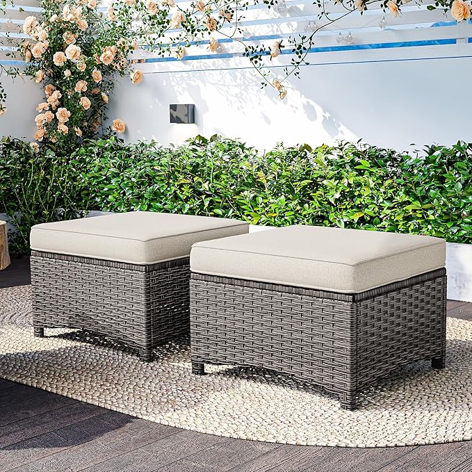 2 Pieces Patio Ottomans, Outdoor Wicker Footrest Seat with Removable Cushions