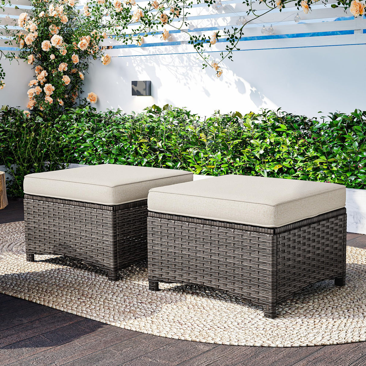 2 Pieces Patio Ottomans, Outdoor Wicker Footrest Seat with Removable Cushions