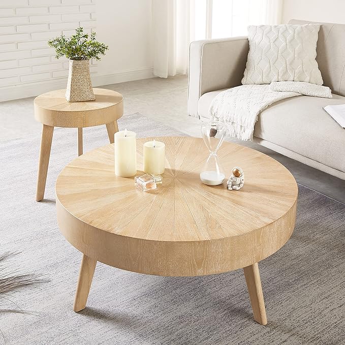 Round Wood Coffee Tables for Living Room, Farmhouse Circle Coffee Table