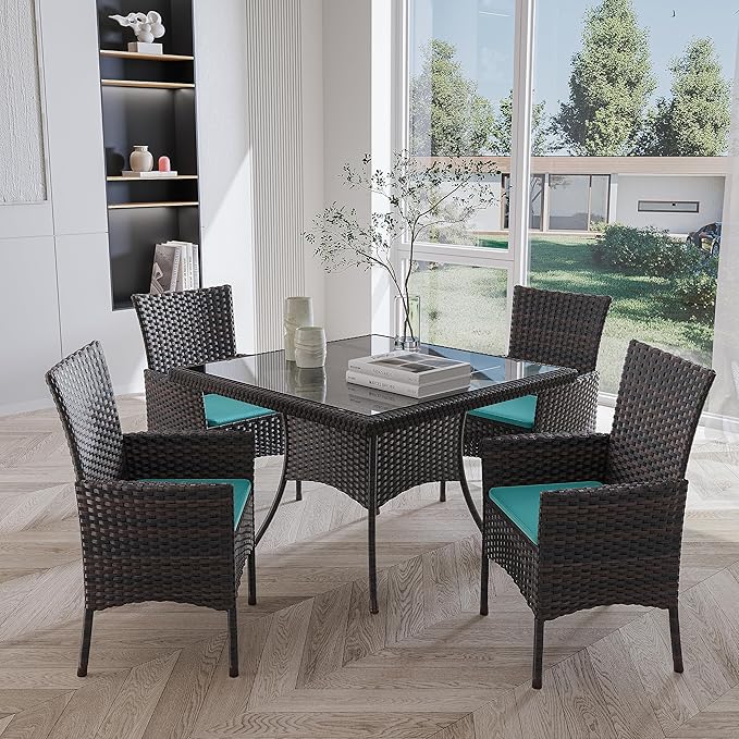 10-Piece Indoor/Outdoor Dining Table Set, Garden Patio Rattan Set with w/Tempered Glass Tabletop