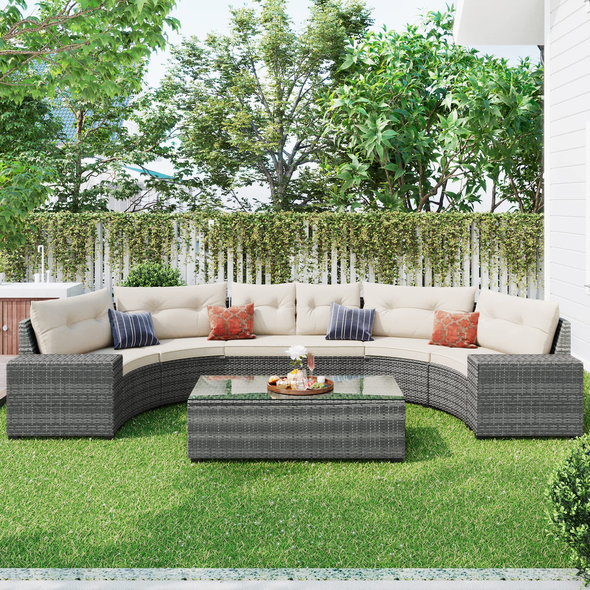 8-pieces Outdoor Wicker Round Sectional Curved Sofa Set with Rectangular Coffee Table