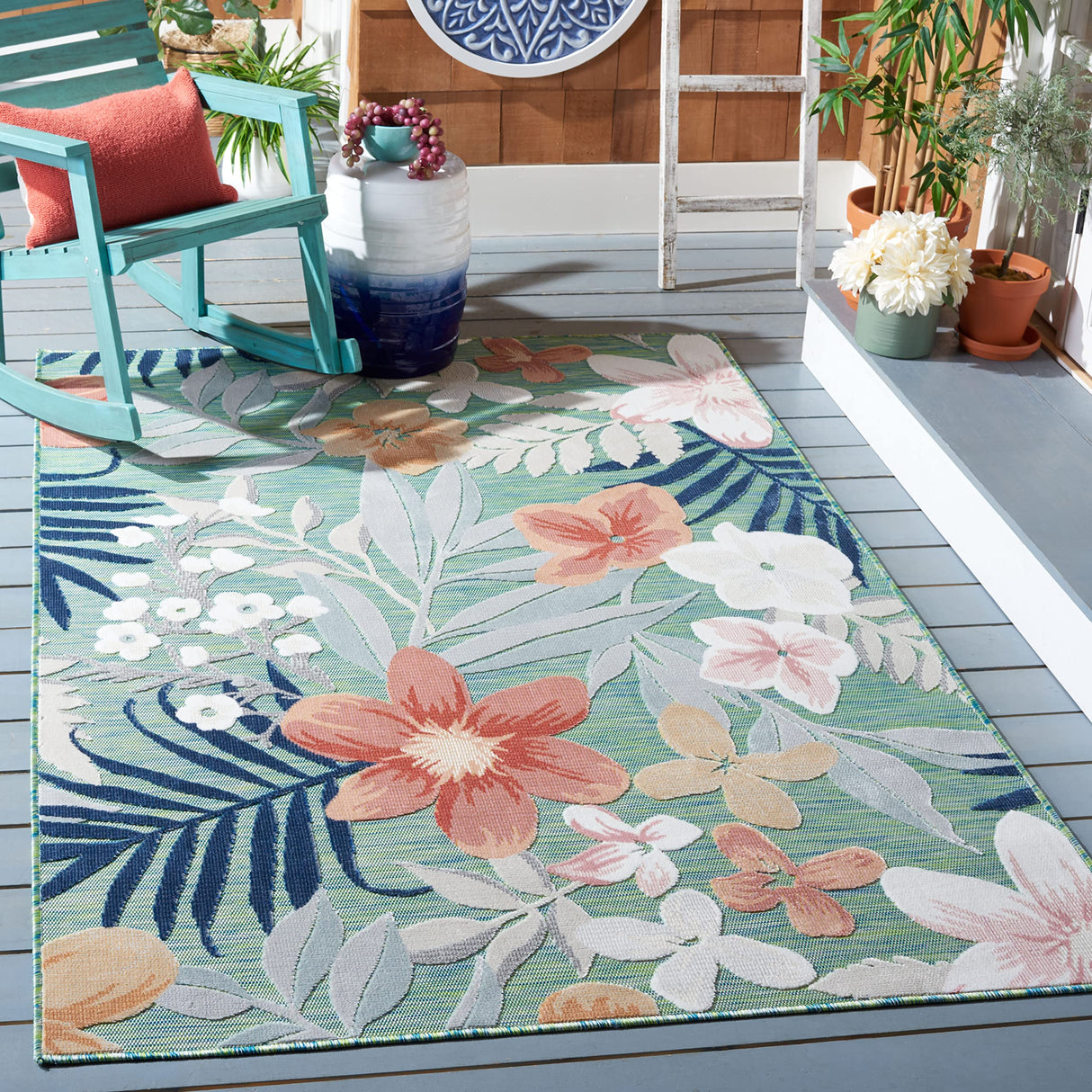 Cabana Collection Area Rug - 10' x 14', Green & Rust, Floral Tropical Design