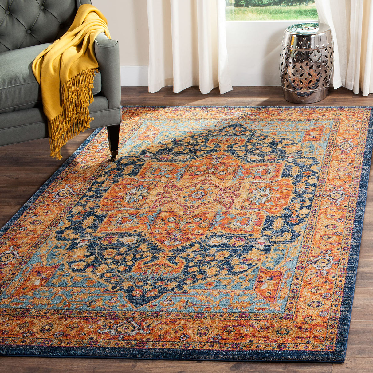 Evoke Collection 6'7" Square Blue/Orange EVK275C Oriental Medallion Distressed Non