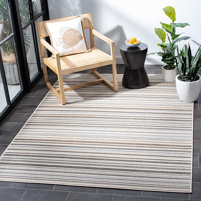 Cabana Collection Area Rug - 8' Square, Ivory & Green, Stripe Design
