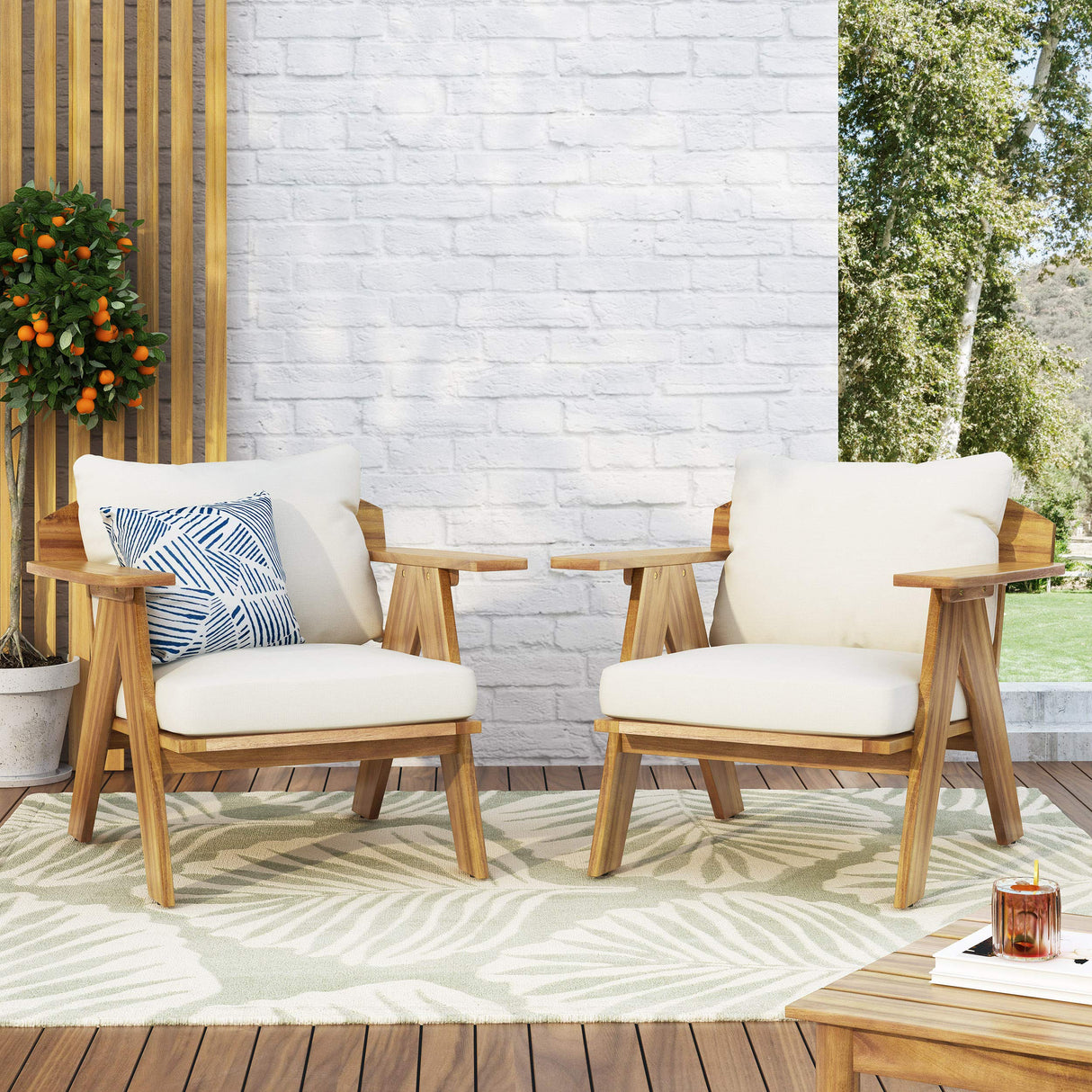 Arcola Outdoor Club Chair with Cushion - Acacia Wood - Teak/Beige (Set of 2)