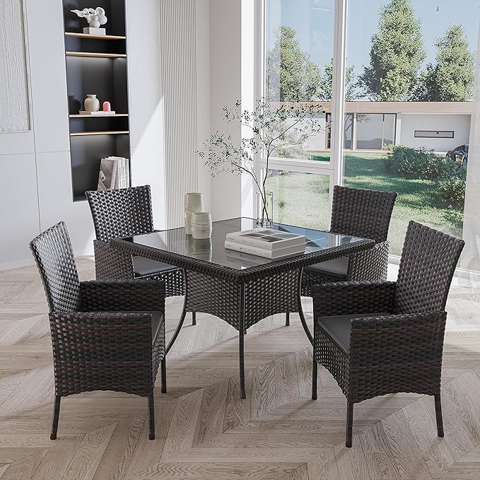 10-Piece Indoor/Outdoor Dining Table Set, Garden Patio Rattan Set with w/Tempered Glass Tabletop