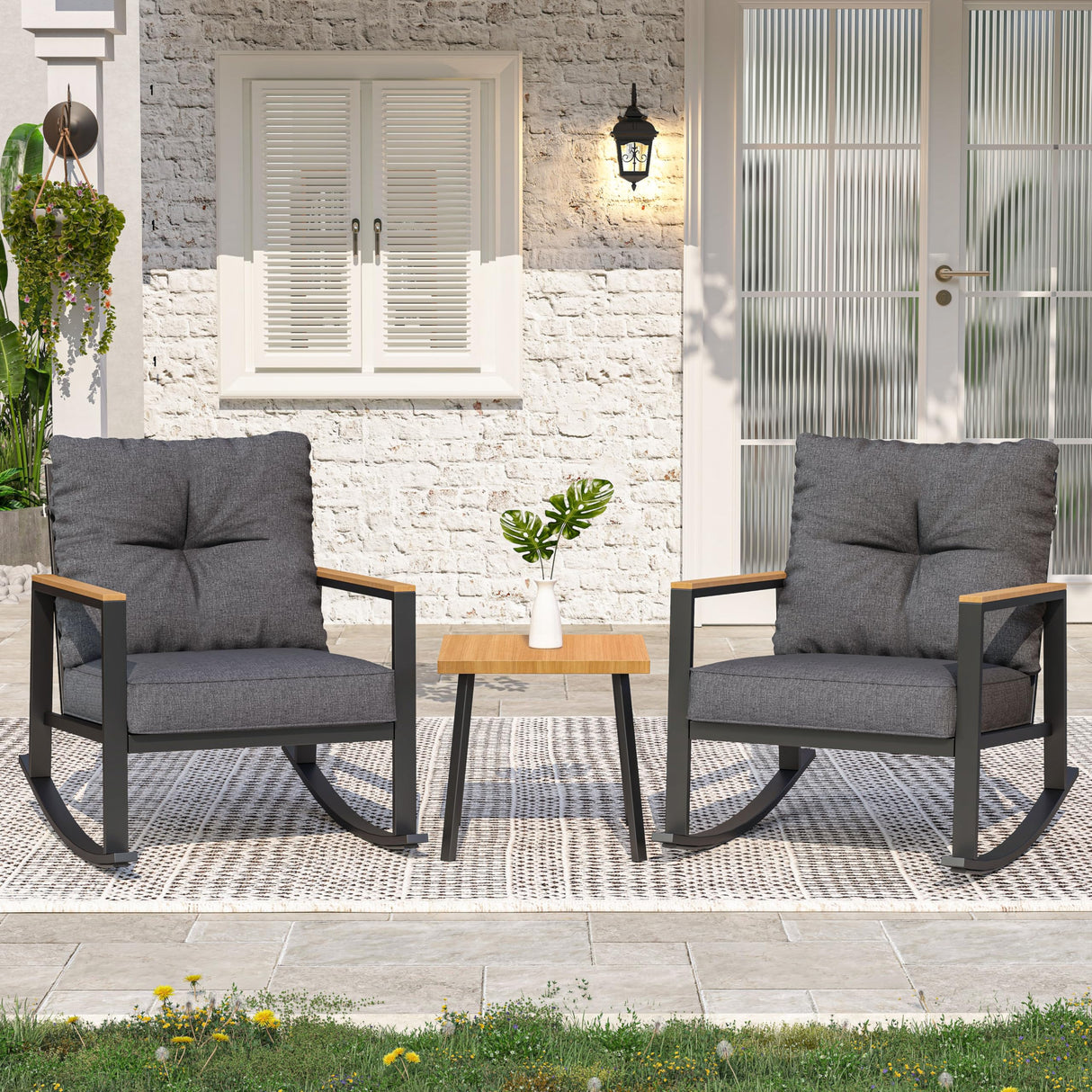 3 Pieces Rocking Bistro Set, Outdoor Patio Furniture Set with Thick Cushions and Coffee