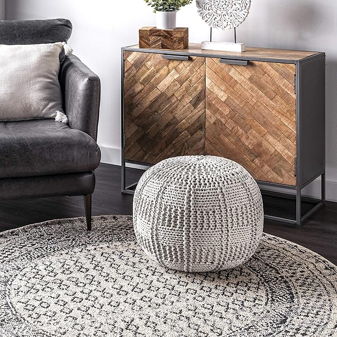 Berlin Casual Knitted Filled Ottoman Pouf 14" x 20" x 20" Grey