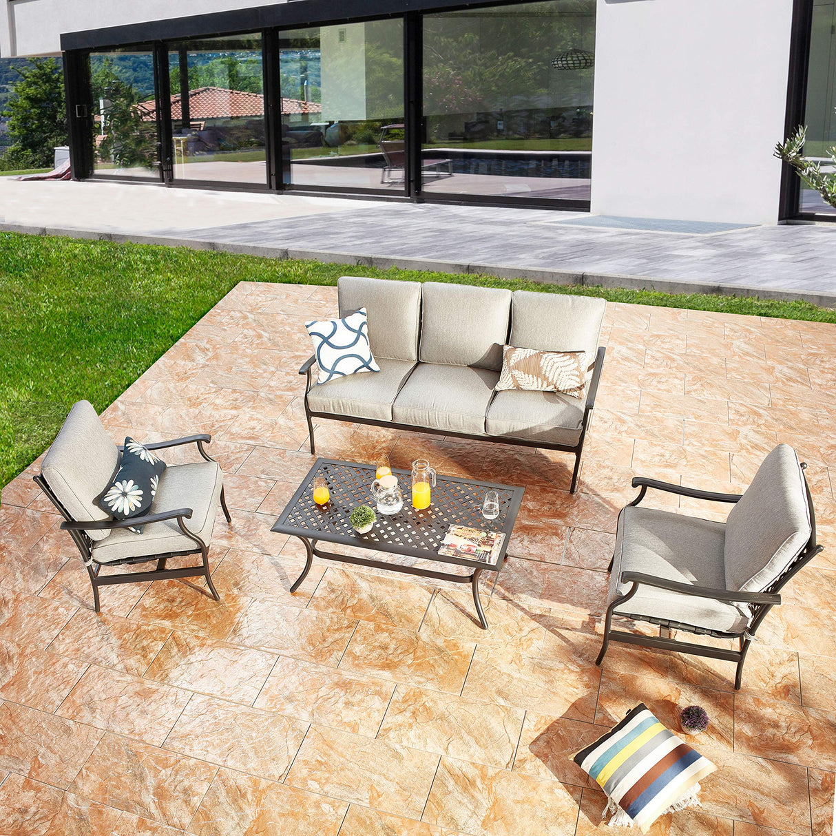 Metal 4 Piece Outdoor Conversation Set Patio Couch Furniture w/2 Sofa Chairs