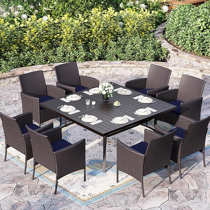 9 Pieces Patio Dining Set for 8, All Weather Square Outdoor Table with Umbrella Hole