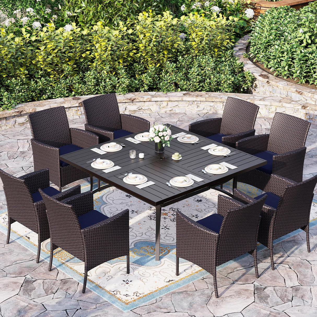 9 Pieces Patio Dining Set for 8, All Weather Square Metal Patio Table and Wicker Chairs