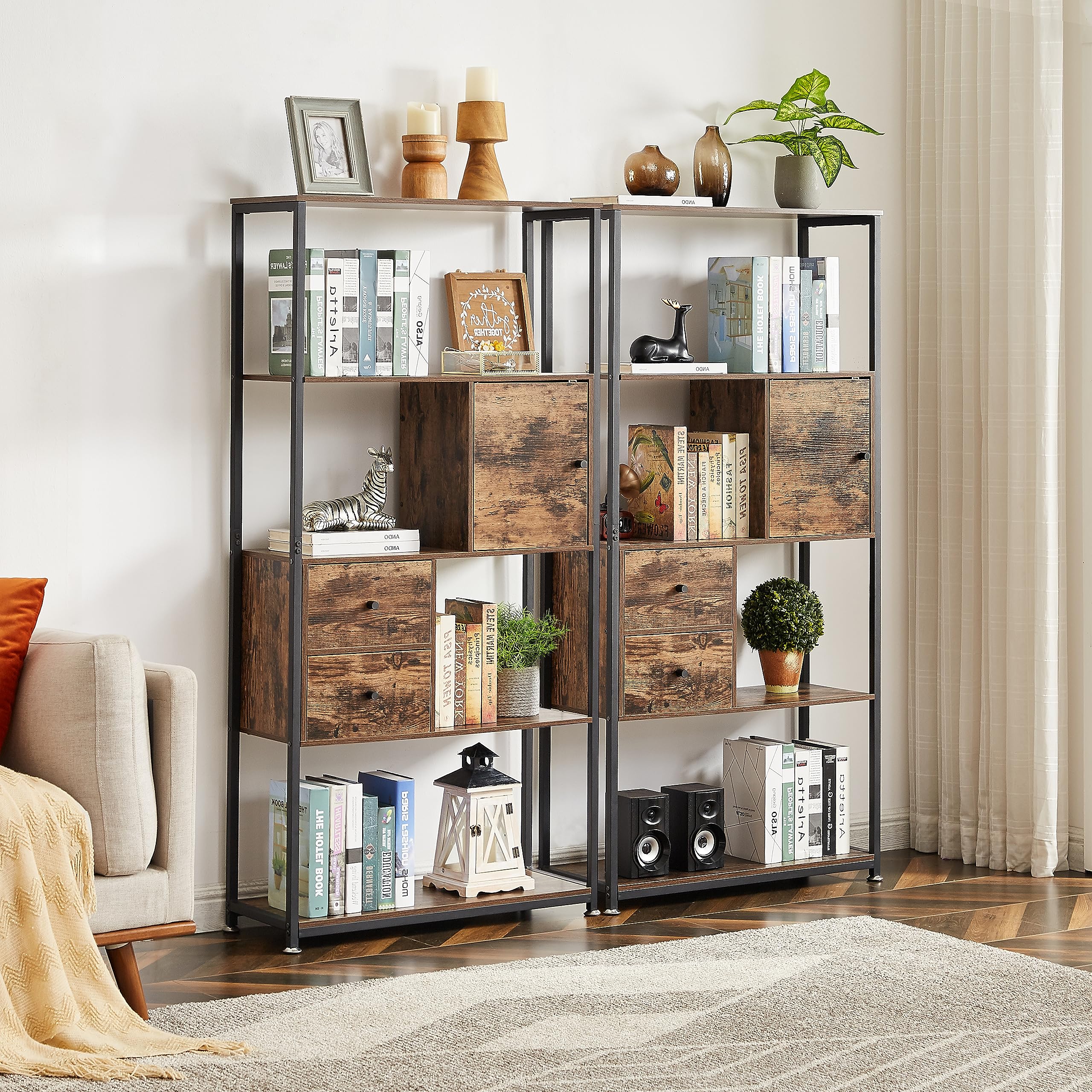 Bookshelf,4-Tier Book Shelf with 2 Storage Drawers and 1 Cabinet, Metal Frame Open Bookcase,Rustic Brown