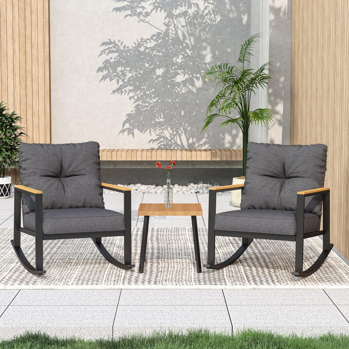 3 Pieces Rocking Bistro Set, Outdoor Patio Furniture Set with Thick Cushions and Coffee