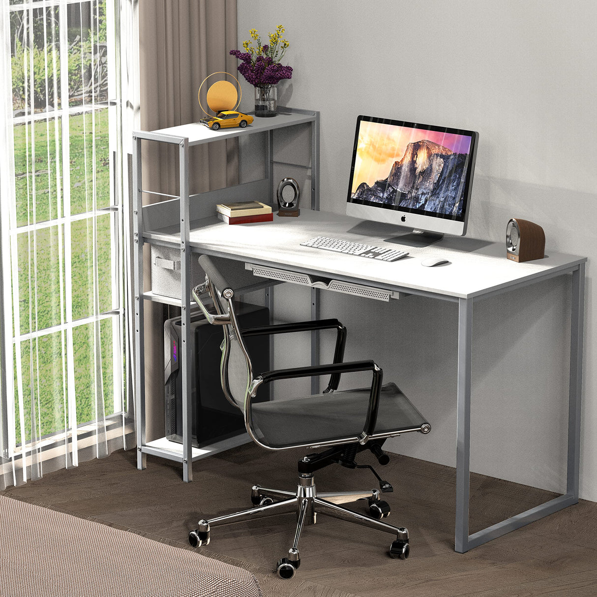 46-Inch Computer Desk with Adjustable Side Shelf and Drawer, 24" Deep, White