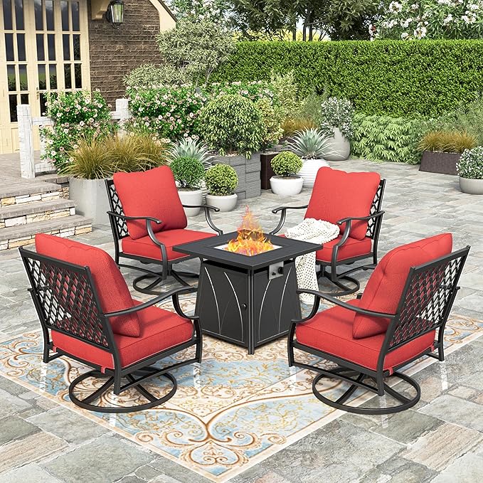 5 Pieces Fire Pit Patio Furniture Set, 4 x Thick Cushioned Swivel Chairs with 28" Fire Pit Table (50,000 BTU)