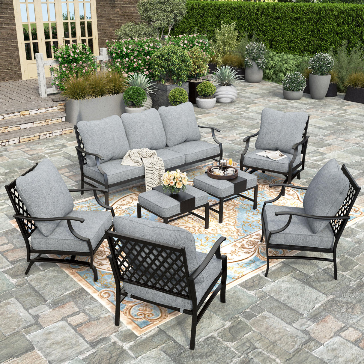 7 Piece Patio Furniture Set, 2 x Rocking Chair, 2 x Fixed Chair, 2 x Ottoman, 1 x 3-Seat Sofa