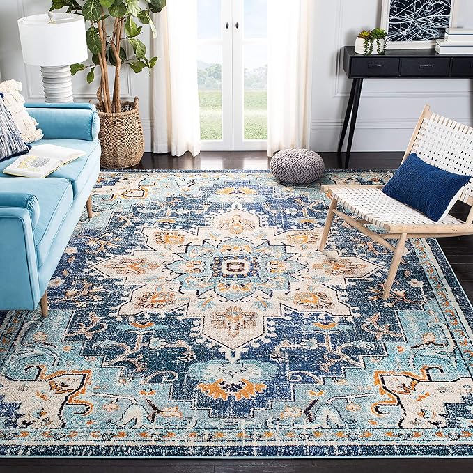 Madison Collection Area Rug - 8' x 10', Orange & Teal, Boho Chic Medallion Distressed