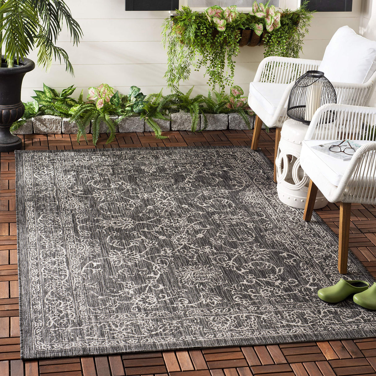 Courtyard Collection 5'3" x 7'7" Black/Ivory CY8680 Indoor-Outdoor Waterproof Easy-Cleaning Patio Backyard Mudroom Area-Rug