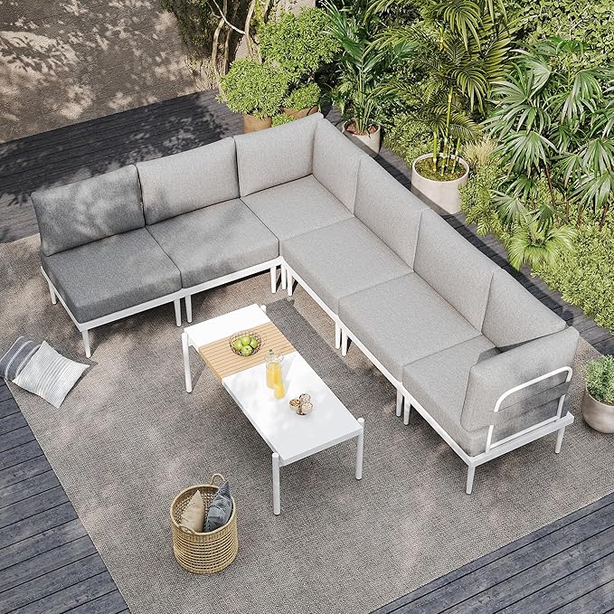 7 Pieces Metal Patio Furniture Set, Outdoor Sectional Sofa w/6 Inch Olefin Cushion and Coffee Table