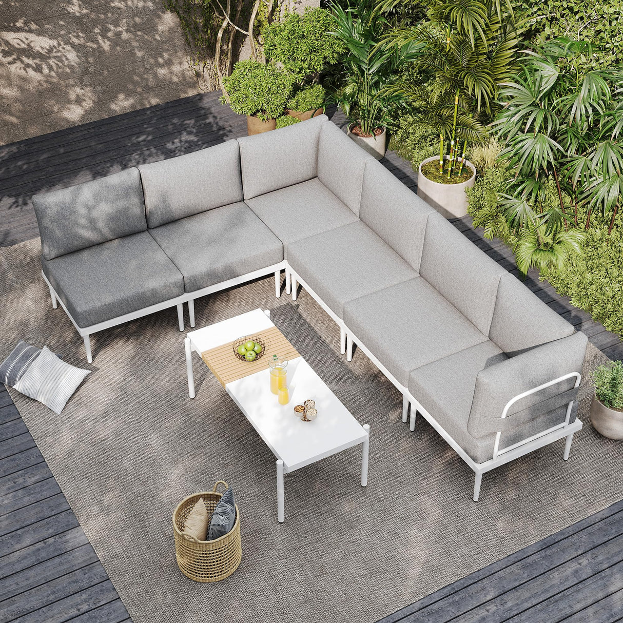 7 Pieces Metal Patio Furniture Set, Outdoor Sectional Sofa w/6 Inch Olefin Cushion and Coffee Table