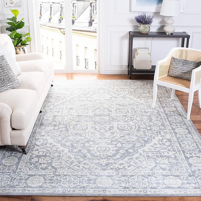 Brentwood Collection Area Rug - 8' x 10', Navy & Light Grey, Medallion Distressed Design