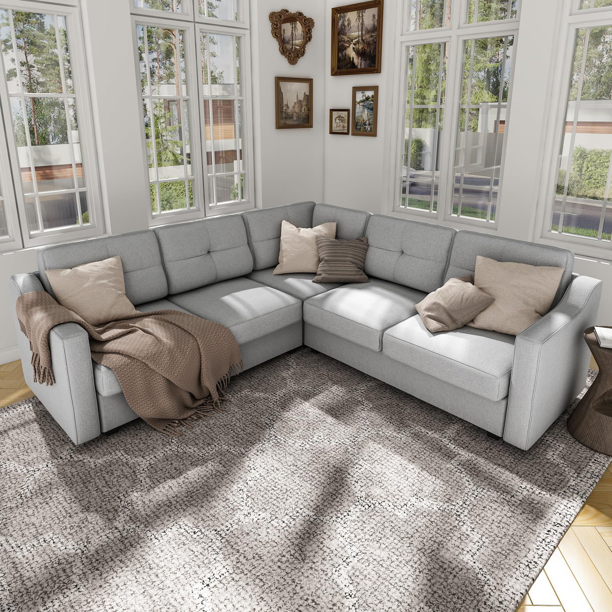 Neoriver 5-Seat L-Shaped Convertible Sectional Sofa – Light Grey