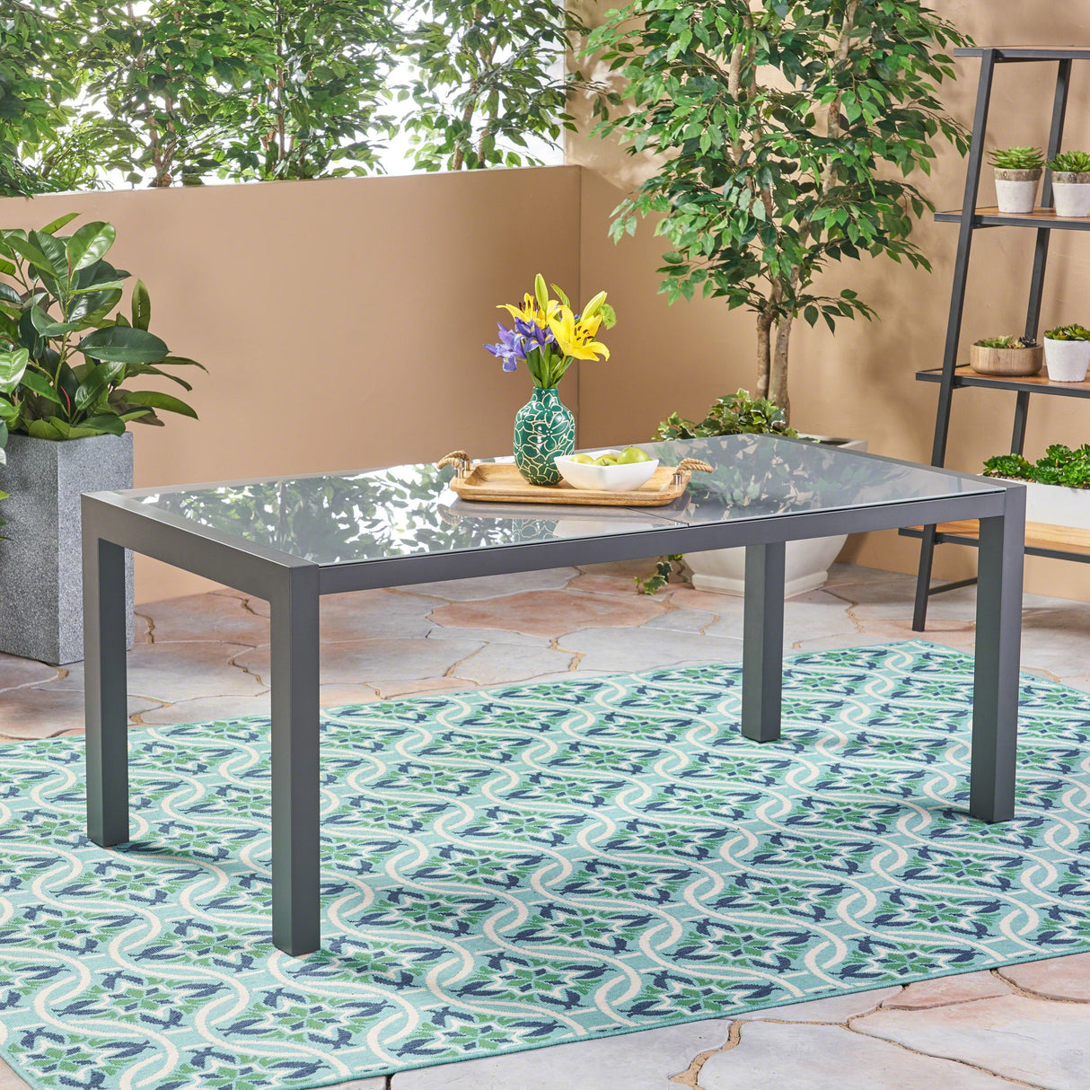 Eli Outdoor Tempered Glass Dining Table with Aluminum Frame, Gray