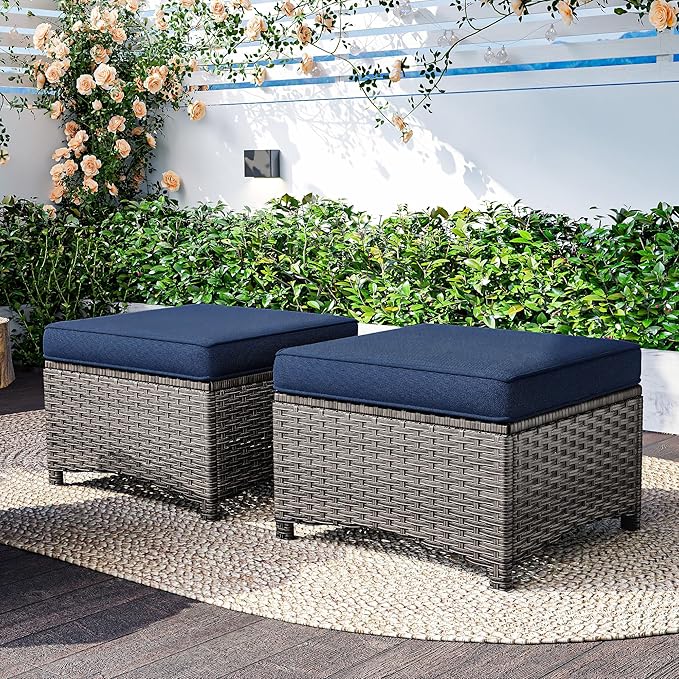 2 Pieces Patio Ottomans, Outdoor Wicker Footrest Seat with Removable Cushions