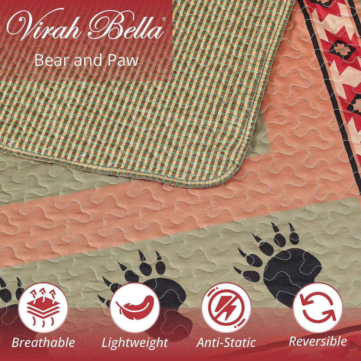 3 Piece Full/Queen Cabin Quilt Bedding Set - Bear and Paw - Rustic Country Reversible