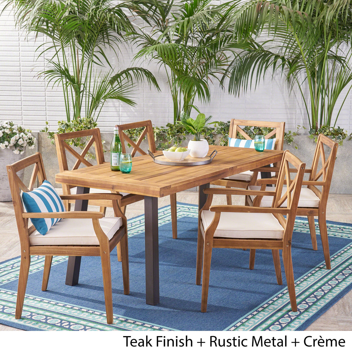 Knight Home Justin Outdoor 7 Piece Acacia Wood Dining Set, Teak Finish/Rustic