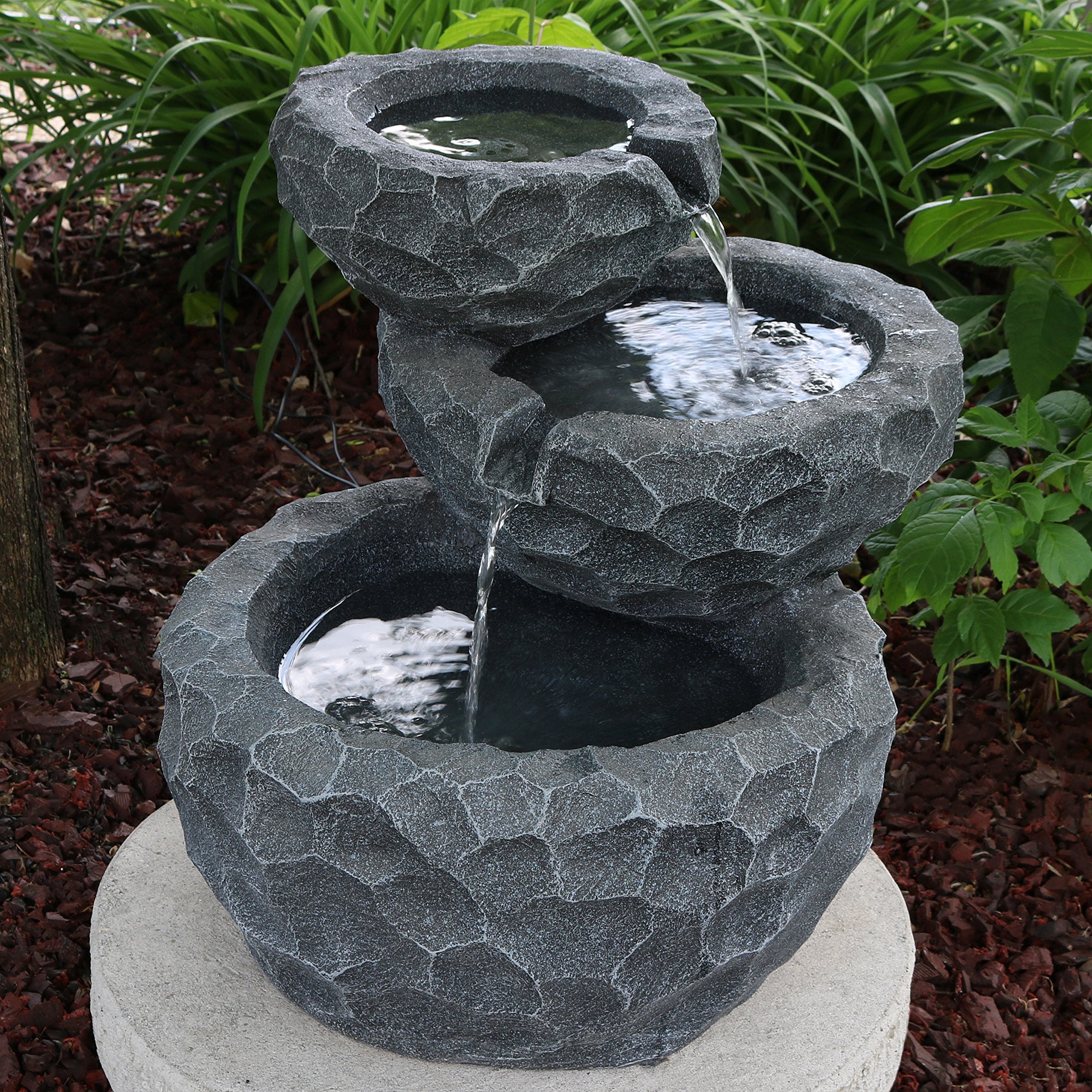 17-Inch 3-Tier Chiseled Basin Solar Fountain with Battery Backup - Submersible Pump