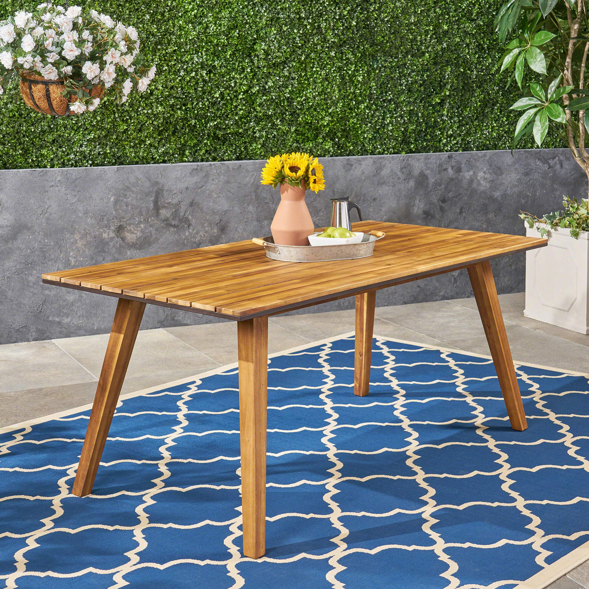 71" Acacia Wood Outdoor Dining Table - Teak Finish with Rustic Metal Accents