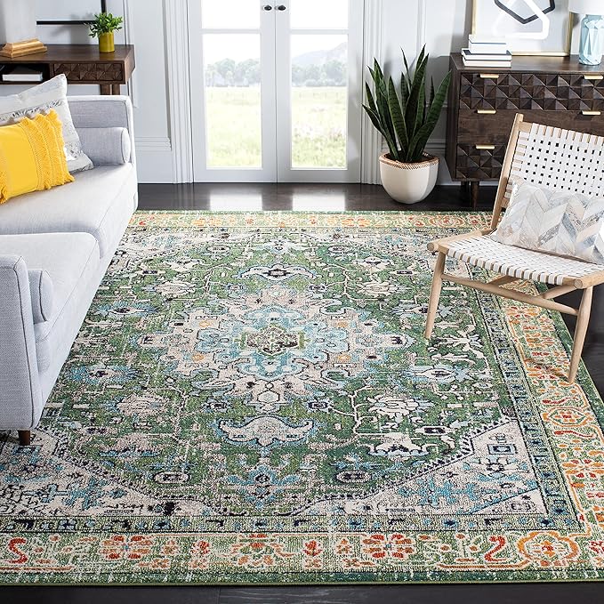 Madison Collection Area Rug - 9' x 12', Green & Turquoise, Boho Medallion Distressed Design