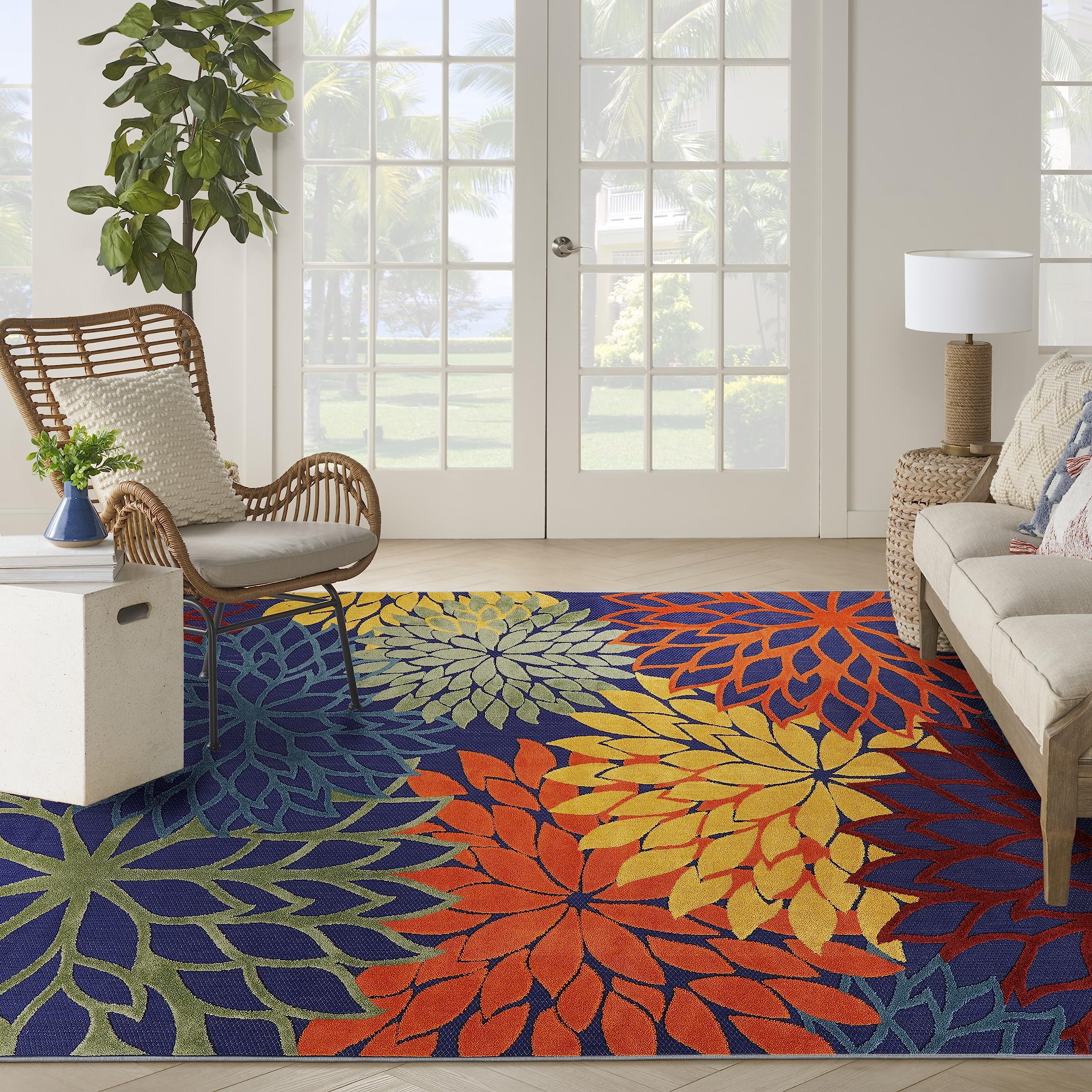 Aloha Indoor/Outdoor Modern Navy Multicolor 9' x 12' Area Rug, Easy Cleaning, Non