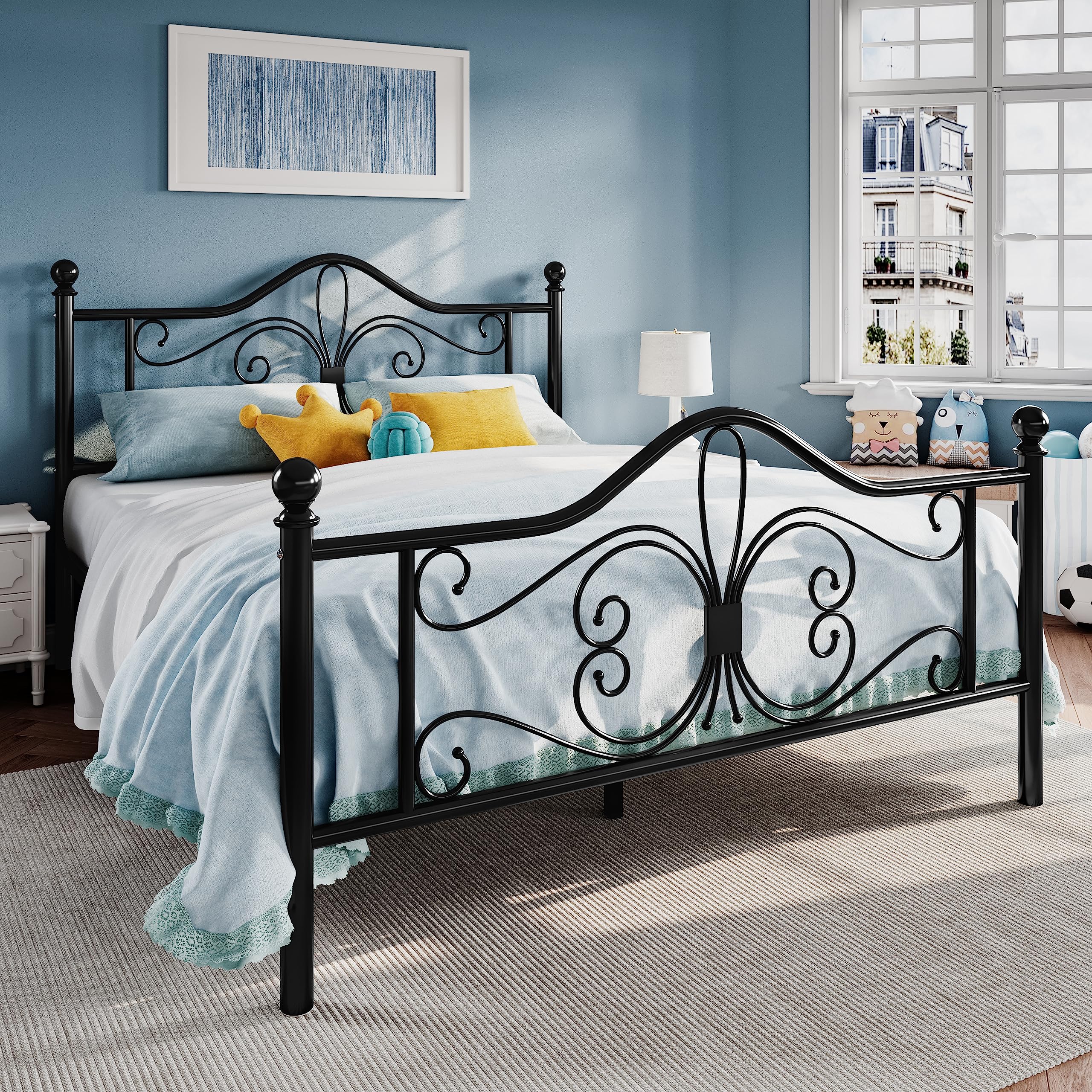 SHA CERLIN Queen Size Bed Frame and Headboard,Metal Bed Frame with Butterfly Pattern Design Headboard & Footboard,No Box Spring Needed,Easy Assembly,Black