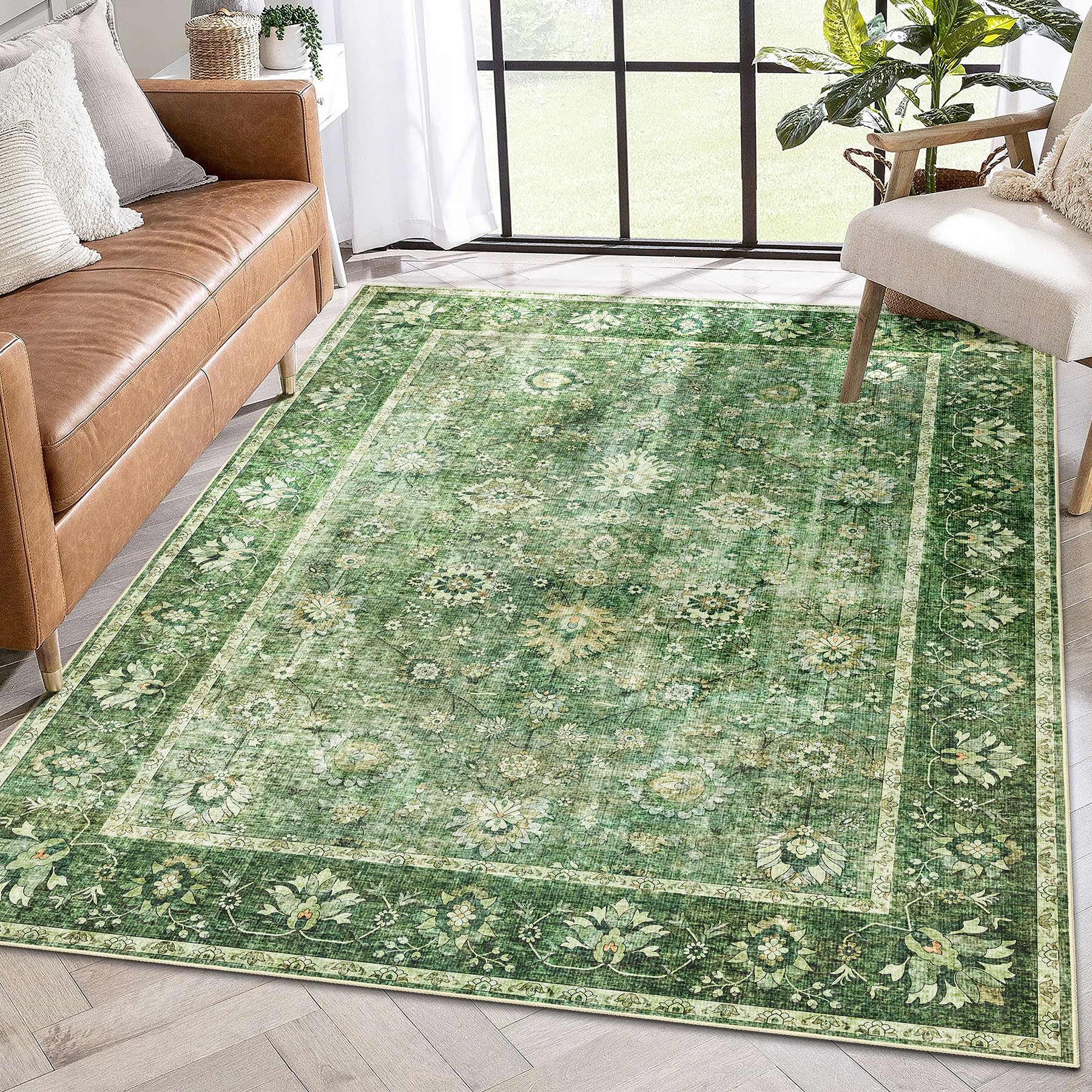 COLORPAPA Green Area Rug 3x5, Washable Rug for Living Room Bedroom Kitchen Entryway, Boho Throw Rug Low-Pile, Floral Distressed Carpet Non-Slip