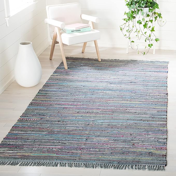 Rag Rug Collection Area Rug - 9' x 12', Ivory & Multi, Handmade Boho Stripe Cotton