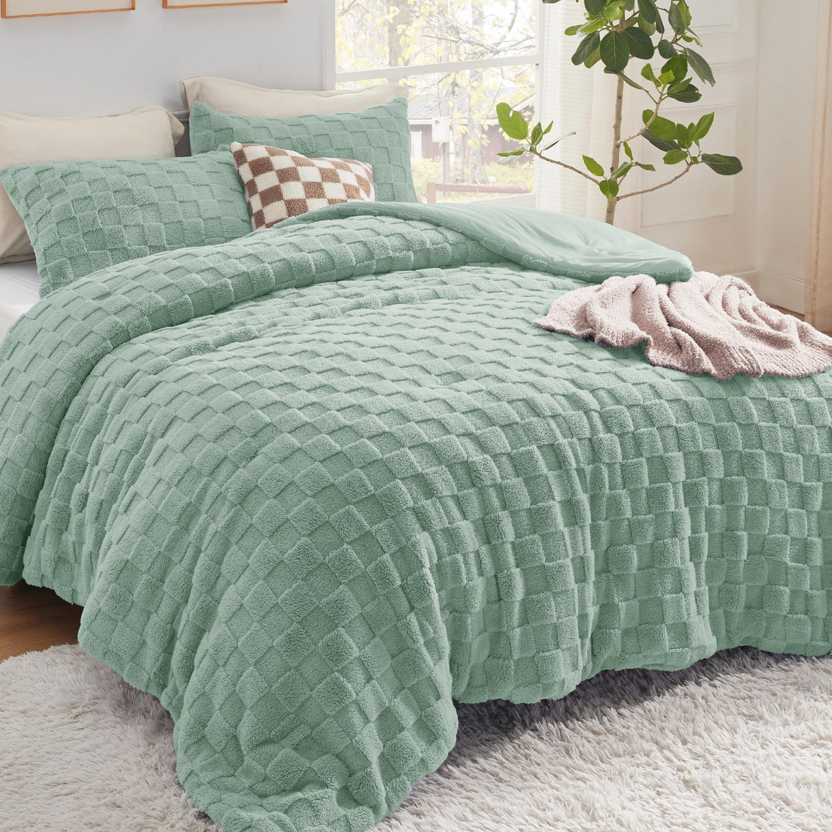 Fluffy Queen Comforter Set, Sage Green Sherpa Fleece Bedding Comforter Set