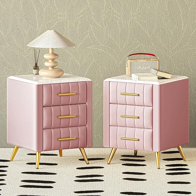 with 3 Storage Drawers, Upholstered Wood Bedside End Table