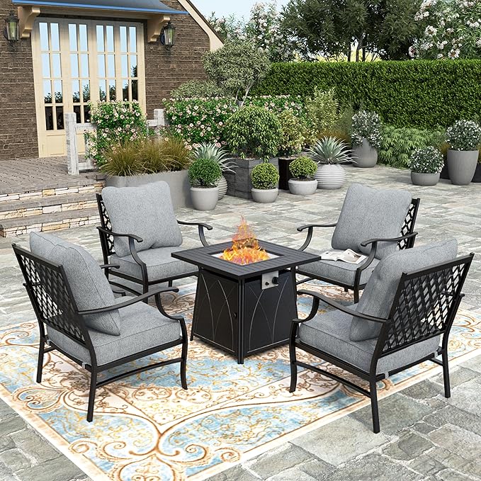 5 Pieces Fire Pit Patio Furniture Set, 4 x Thick Cushioned Swivel Chairs with 28" Fire Pit Table (50,000 BTU)
