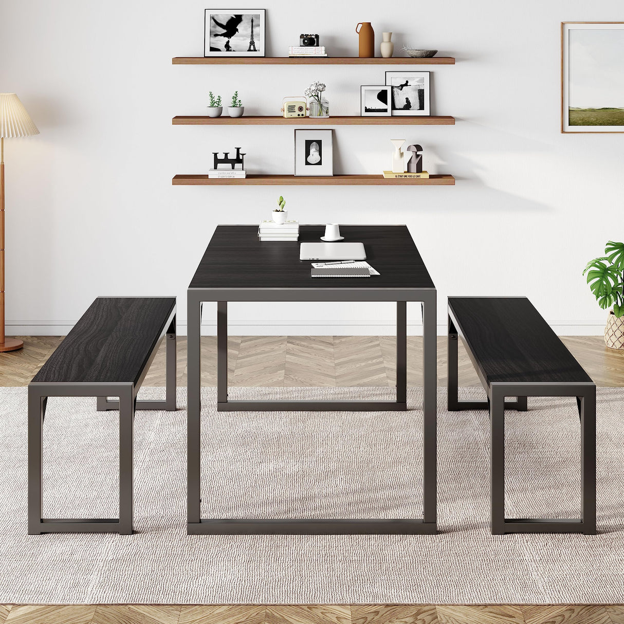 3-Piece Dining Table Set for 4-6, Heavy Duty Kitchen with Metal Frame and Wood Board