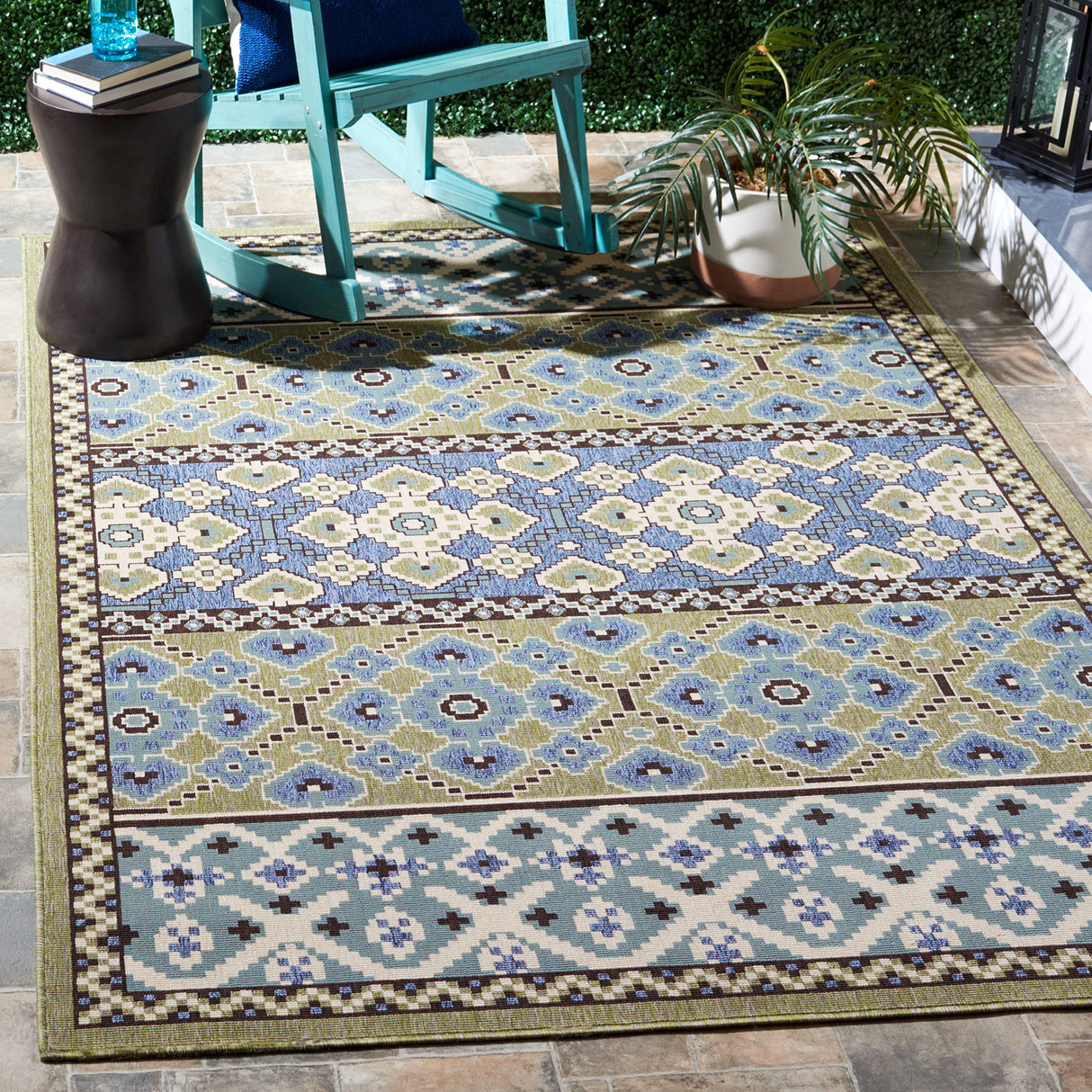 Veranda Collection Area Rug - 8' x 11', Green & Blue, Boho Design, Non-Shedding