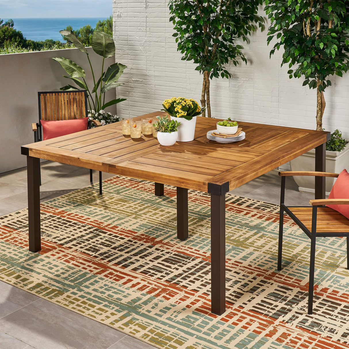 Lankershim Outdoor Acacia Wood Dining Table, Teak and Rustic Metal