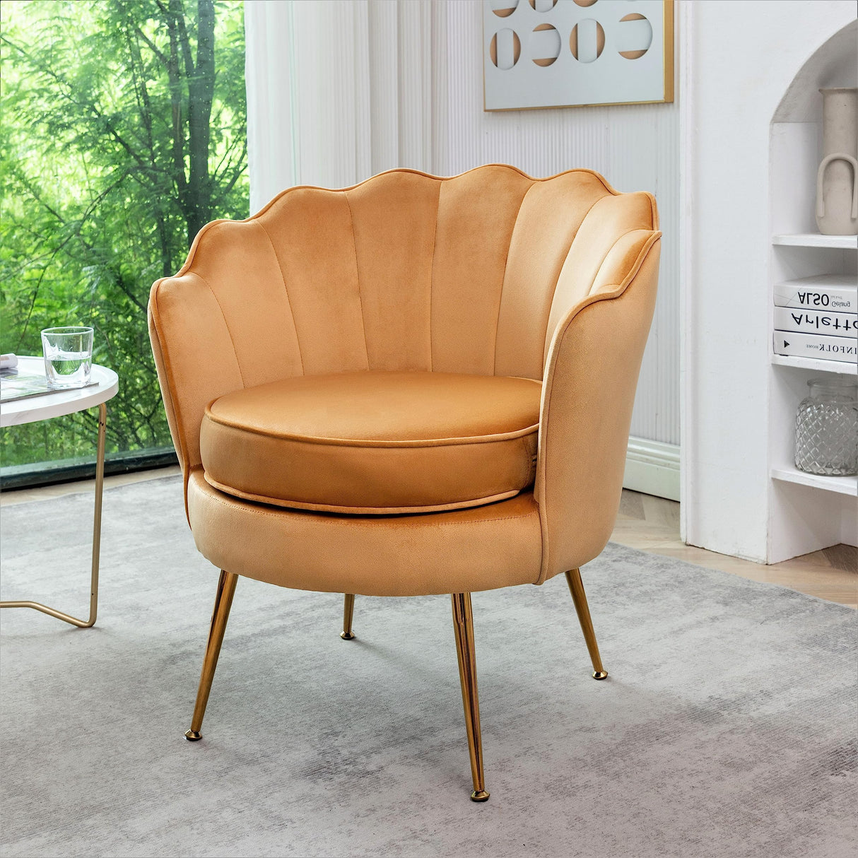 Velvet Barrel Accent Chair with Scalloped Silhouette and Gold Metal Legs, Decorative Piece Suitable for Traditional, Modern, and Contemporary Spaces, Mustard Yellow