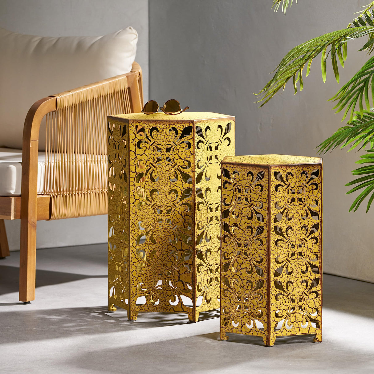 Parrish Iron Accent Tables, 2-Pcs Set, Antique Yellow