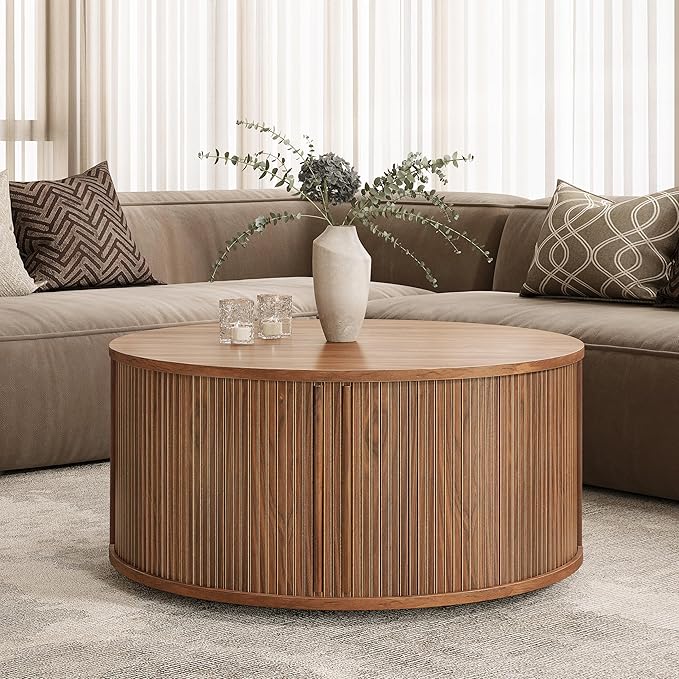 35'' Round Coffee Table with Storage and Shelves - Round Center