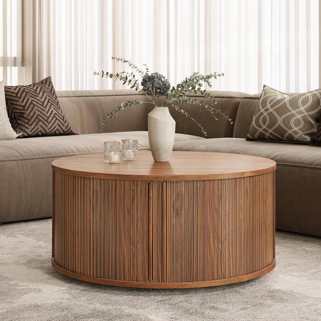 35'' Round Coffee Table with Storage and Shelves - Round Center