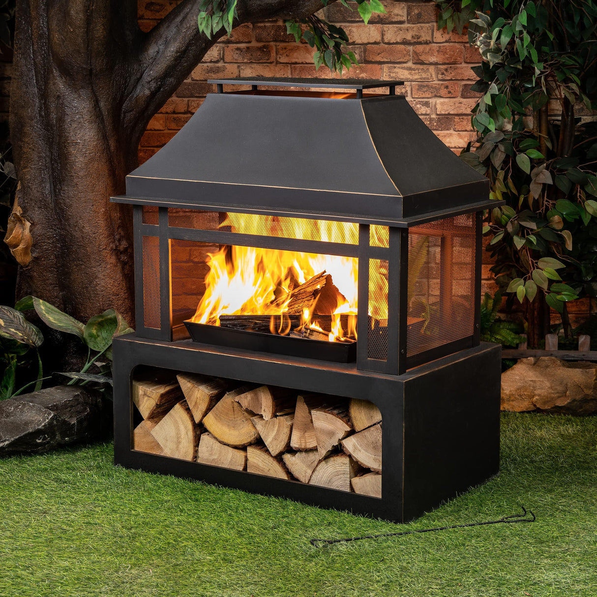 Deko Living Outdoor Wood Burning Fireplace with Wood Storage and Removable Fire Grill - 40 Inch Large Metal Wicker Base Fire Pit for Patio Garden Deck Backyard, Black - Bircata
